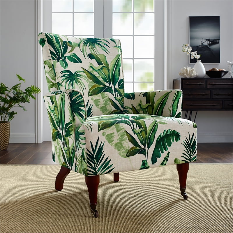 Linon Junnell Wood Upholstered Leaf Print Accent Chair in Green