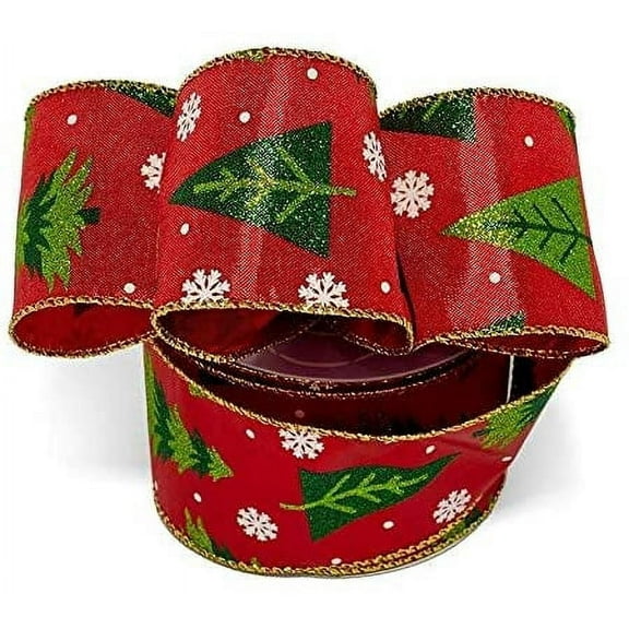 Bright Red Christmas Trees Ribbon - 2 1/2" x 10 Yards, Wired Edge, White Snowflakes, Gold Stitched Edges, Glitter, Decor for Wreaths, Garlands, Gift Bows