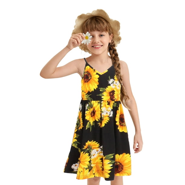 Txlixc Vestido informal a juego con la familia, tirantes finos, sin mangas, estampado de girasol, vestidos de tirantes para madre e hija Txlixc Moda