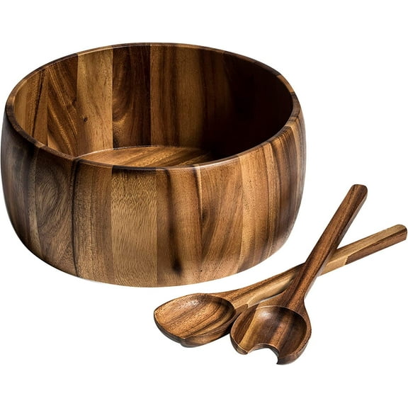 Kalmar Home 12-Inch Acacia Wood Extra Large Smooth Salad Bowl with Servers