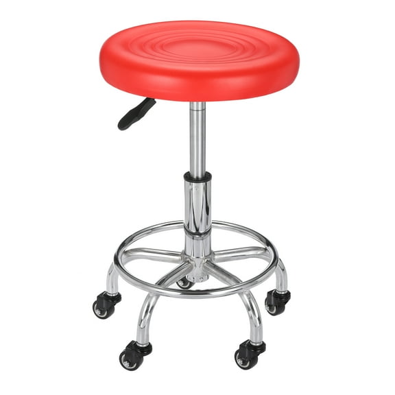Uxcell Adjustable Height Rolling Stool with Wheels, PU Leather Round Rolling Desk Stool for Tattoo Massage Salon Spa Salon Teach Facial Office, Red
