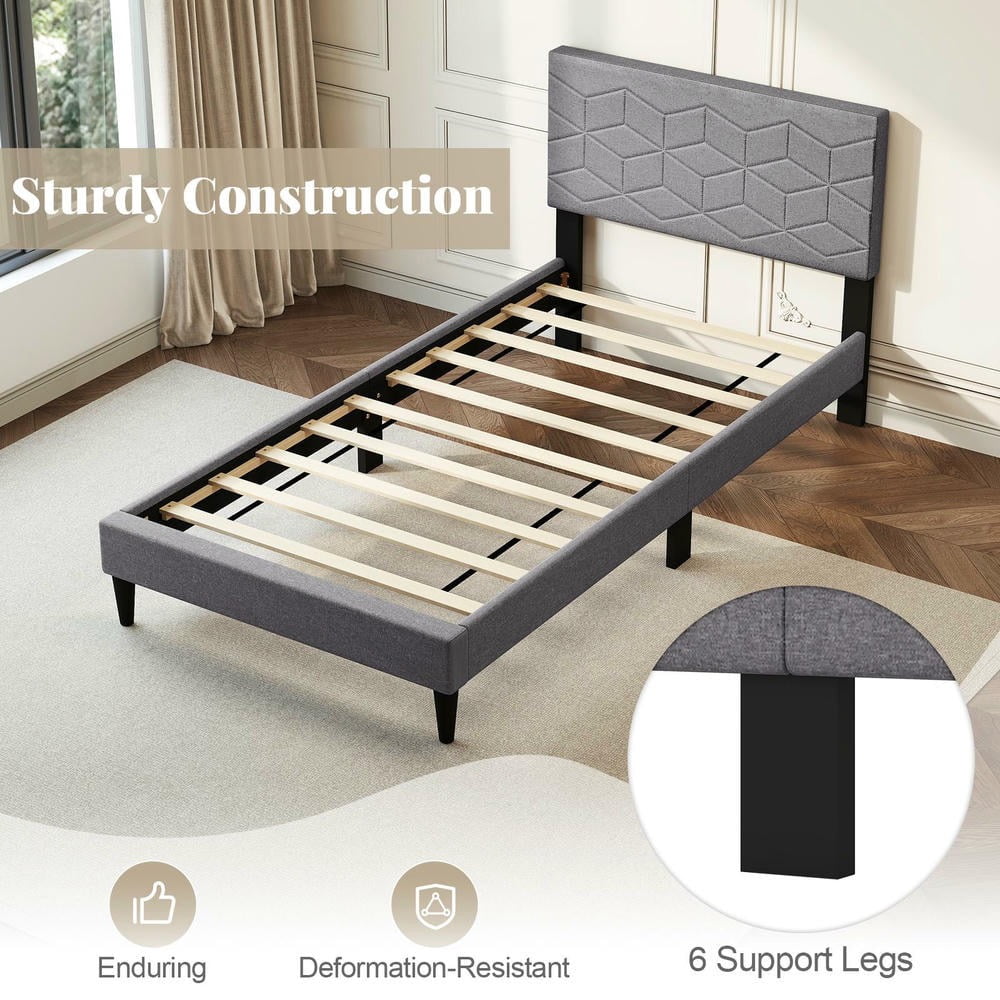 Barara King Twin Size Bedroom Bed Frame with Linen Fabric Upholstered Headboard, Bed Platform Frame for Apartment, Bedroom, Gray