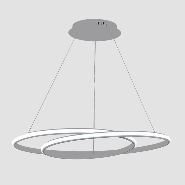 lámpara rings tipo candil colgante led plateada iluminación colgante LED plateada con dos aros entrelazados, vista frontal centrada; cuerpo de aluminio y silicona con difusores LED continuos y cables tensores desde base circular, dimensiones 55 x 50 x 10 cm, 96W, 3 temperaturas de color (3000K/4500K/6000K) y control remoto incluido; también adecuada para iluminar islas de cocina o como pieza decorativa en oficina.