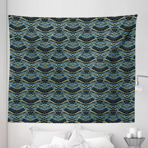 Aztec Tapestry, Striped Floral Geometric Vivid Motifs in Tones Pattern, Fabric Wall Hanging Decor for Bedroom Living Room Dorm, 5 Sizes, Pale Green Sky Blue, by Ambesonne