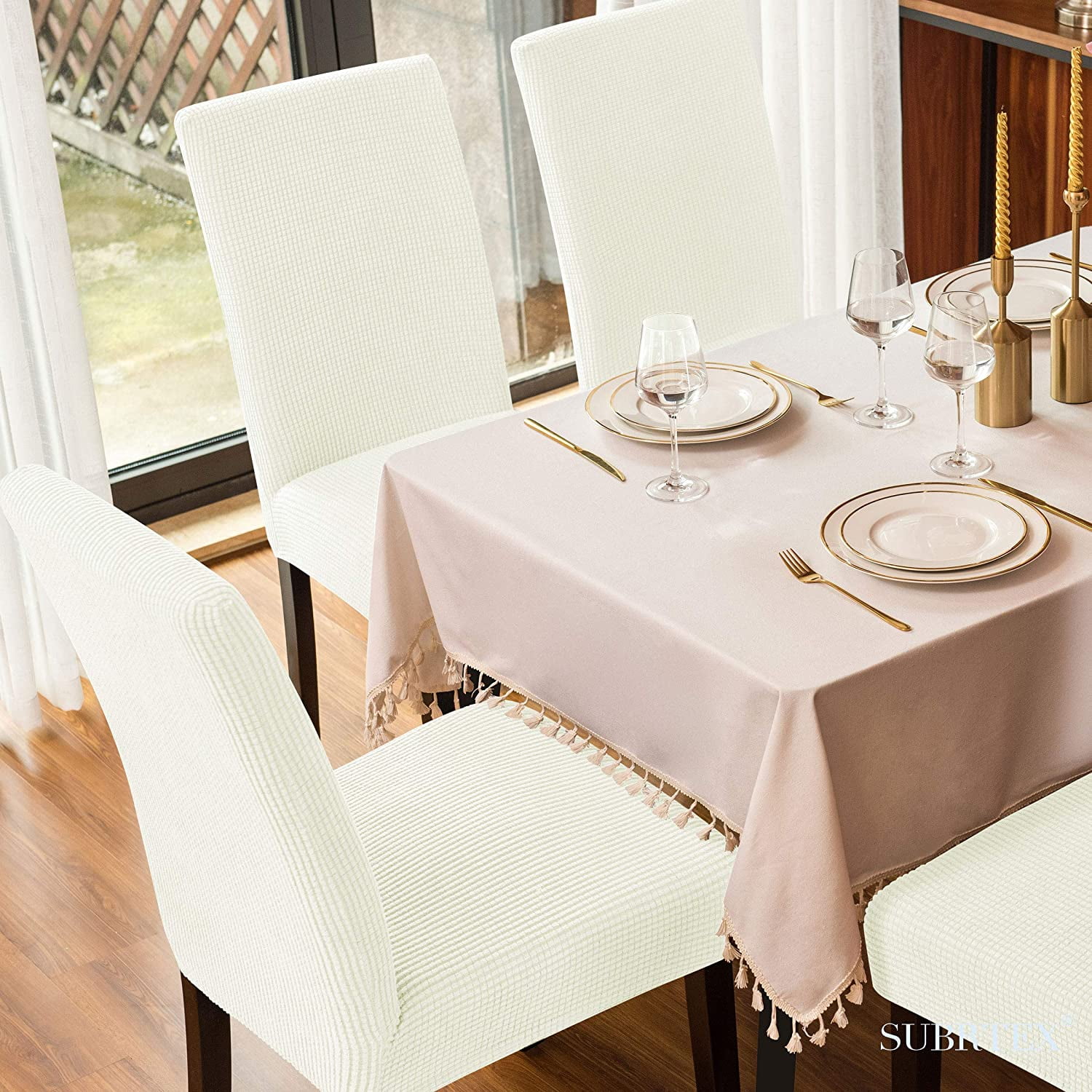 Subrtex Stretch Textured Grid Dining Chair Slipcover (Set of 4, Off-white)