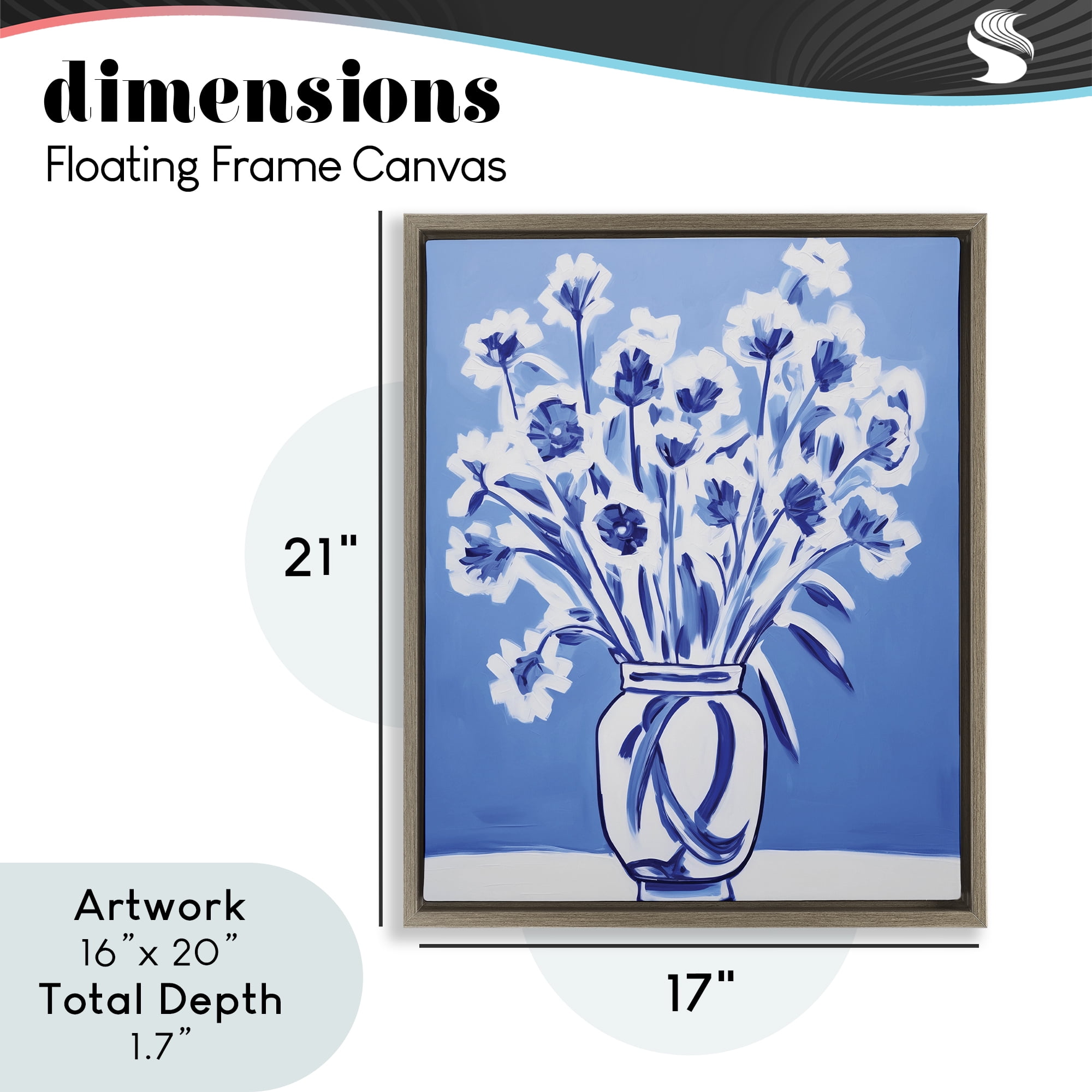 Blue & White Contrast Flowers Brown Framed Floater Canvas Wall Art, design by Lettered and Lined