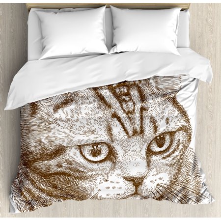 Cat Queen Size Duvet Cover Set, Portrait of a Kitty Domestic Animal Hipster Best Company Fluffy Pet Graphic Art, Decorative 3 Piece Bedding Set with 2 Pillow Shams, Chocolate White, by (Best Pet Health Insurance Companies)