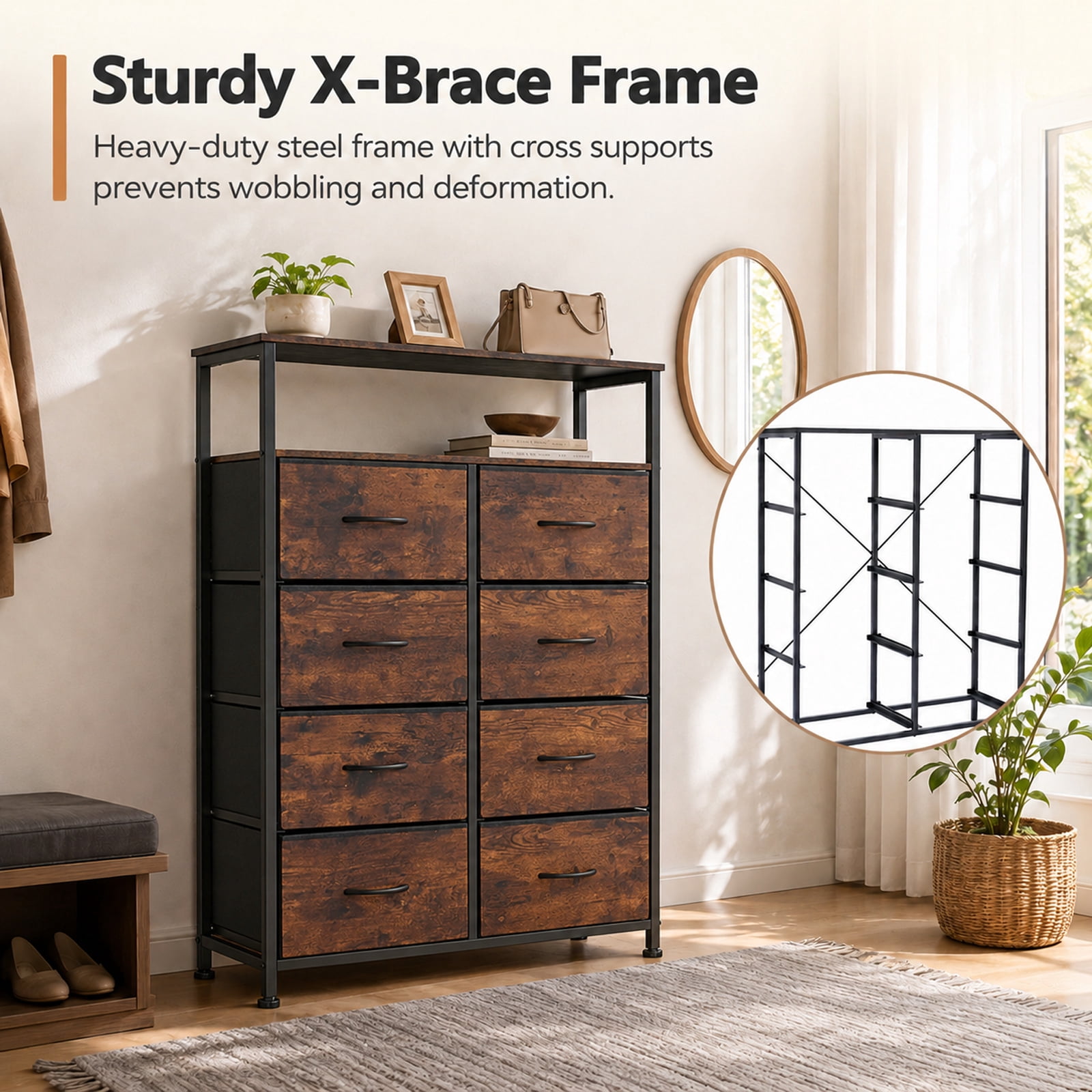 Alvantor 8-Drawer Fabric Dresser with Open Shelf, Chest of Drawers, Steel, MDF, Storage Organizer Unit, Closet, Entryway