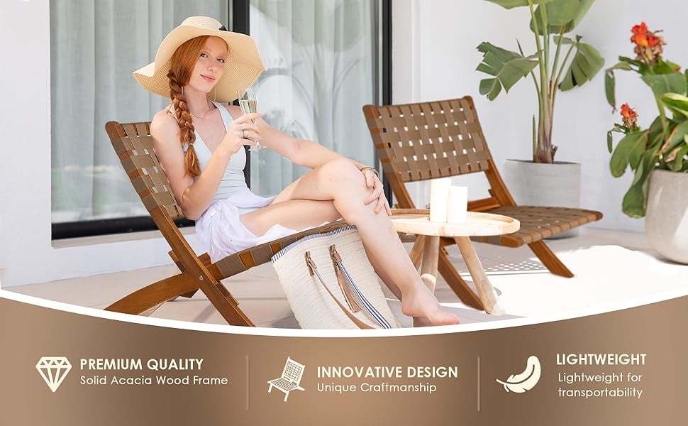 Balkene home Sava Folding Chair Low Slung Seating Solid Acacia Wood Woven Backseat Navy Blue Webbing Walmart