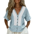 thumbnail image 2 of Uootdi Ladies Casual Shirts Plain Hollow Out Placket V Neck Short Sleeve Linen Shirt Soft Breathable Daily Wear Blouses Gift, 2 of 9
