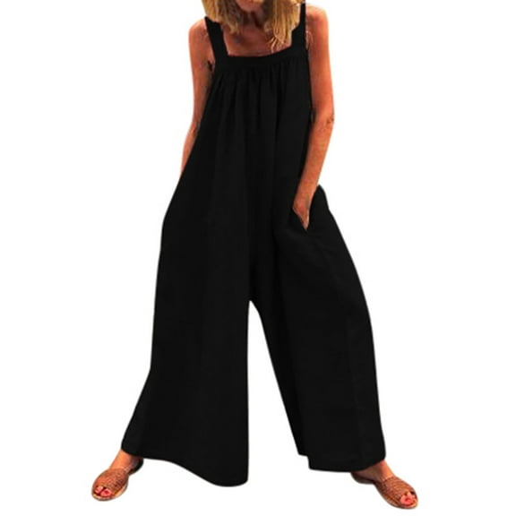 Women's Casual Jumpsuit Wide Leg Baggy Rompers Loose Sleeveless Jumpsuit Adjustable Straps Summer Bib Overalls with Pockets