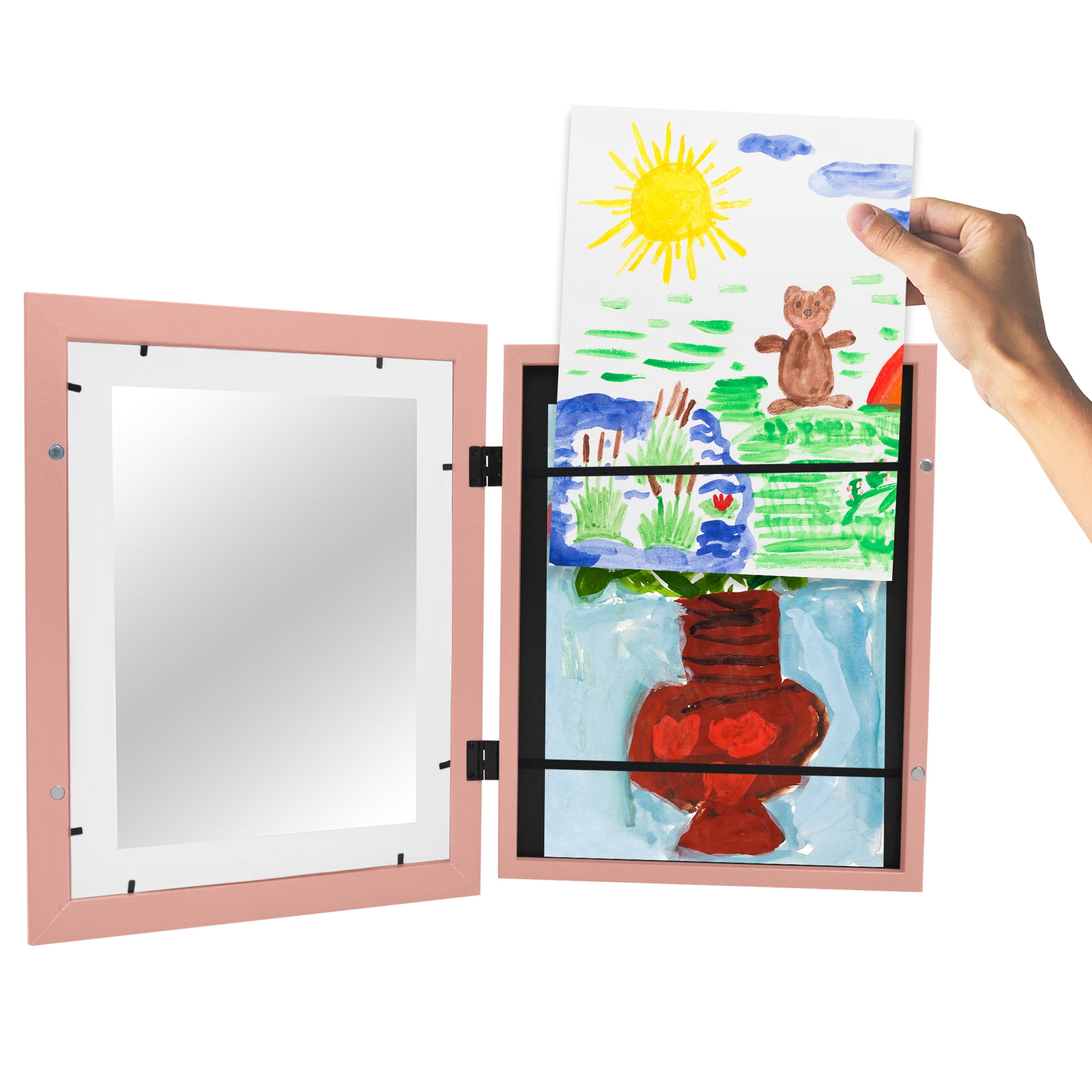 Americanflat 10x12.5 Kids Art Frame with 8.5x11 Mat Holds 100 Art Pieces Peachy Magnetic Letter Size Display - Pink