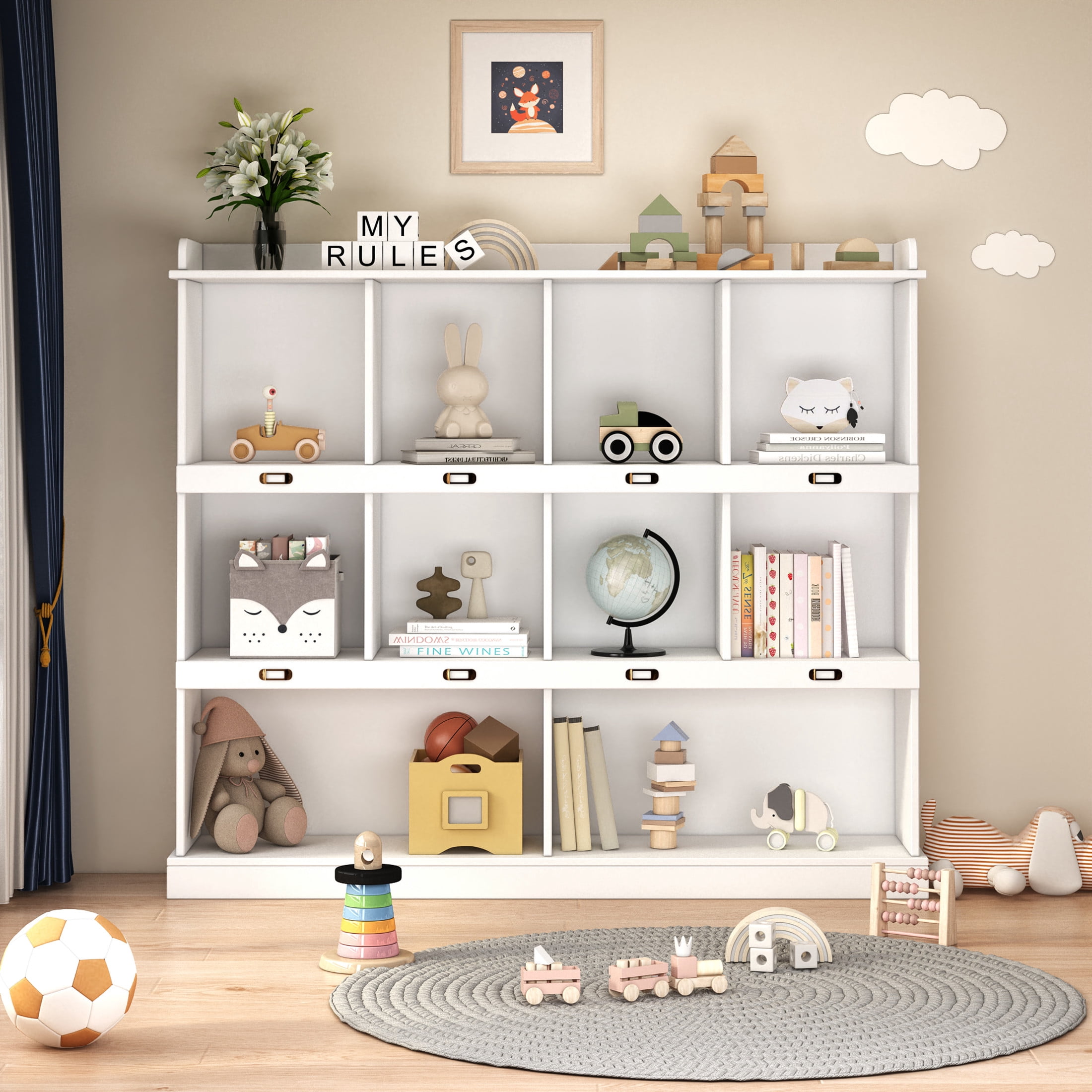 Noble House Aven 53" Modern 10-Shelf Bookcase, Melamine Wooden Base, Label-Ready Cubbies, Contemporary Bookshelf, White