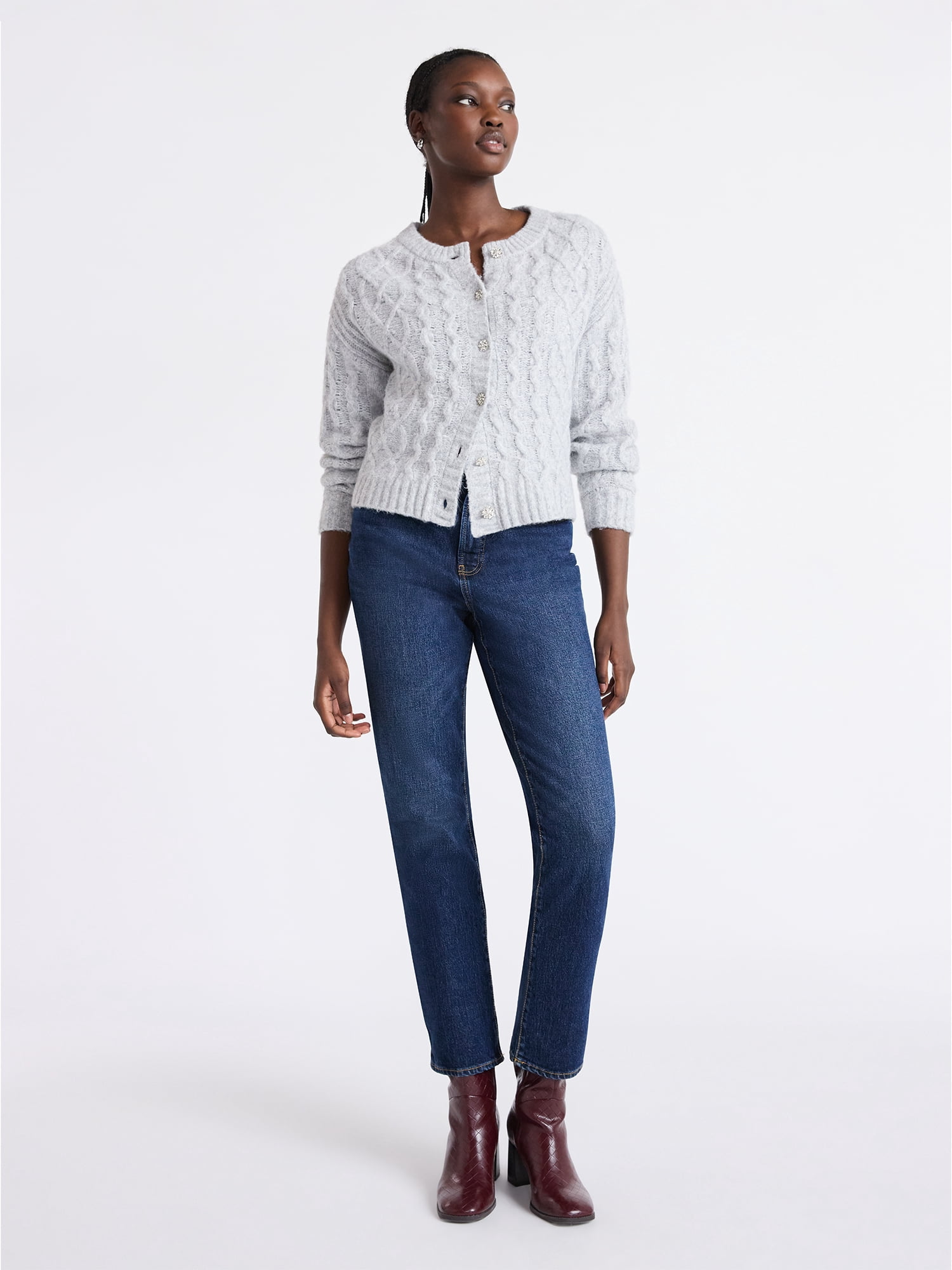 Free Assembly Women's and Women's Plus Cropped Cable Cardigan Sweater, Midweight, Sizes XS-4X