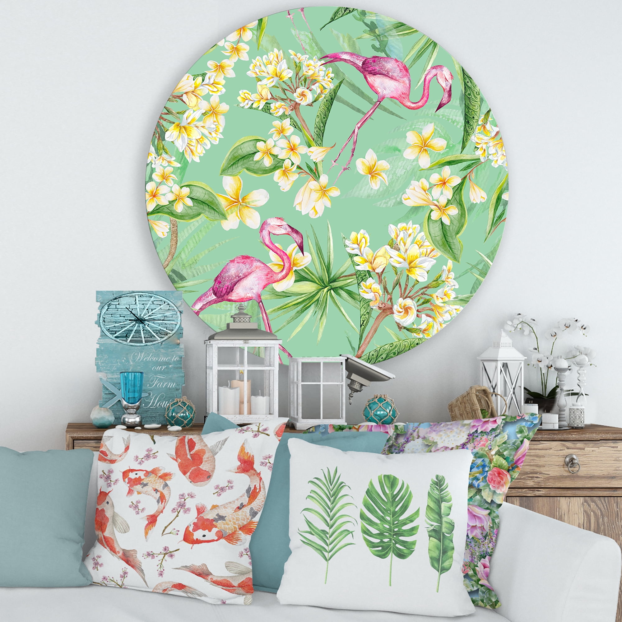 Designart 'Yellow Flowers, Tropical Foliage With Flamingo V' Traditional Circle Metal Wall Art 36x36 - Disc of 36