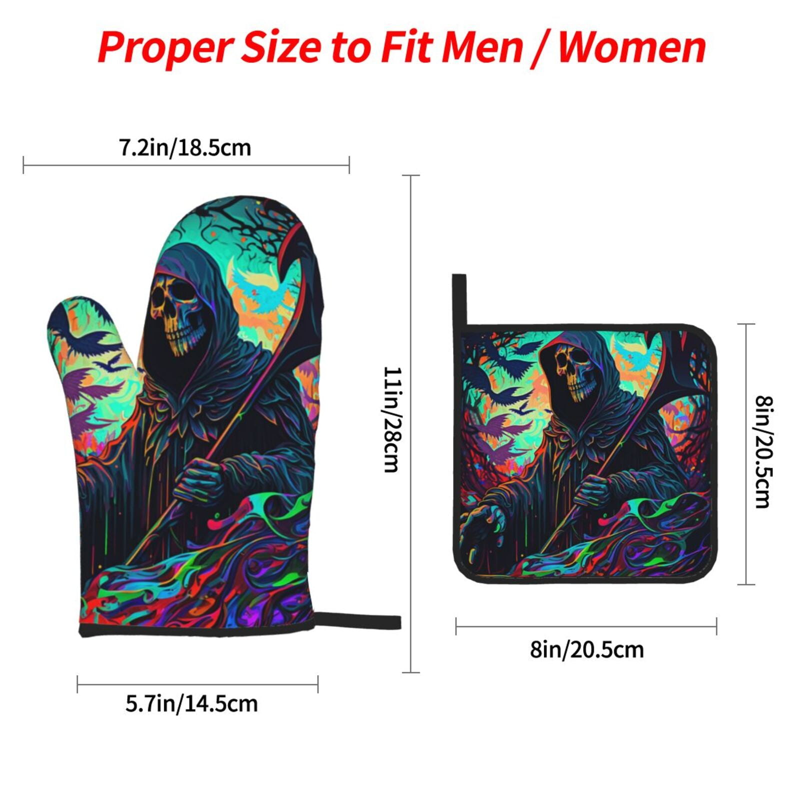 Grim Reaper Dark Psychedelic Death 4Pcs Oven Mitts and Pot Holders Sets Oven Kitchen Gloves Hot Pads for Cooking BBQ Baking Grilling