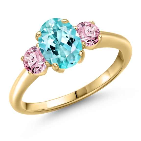 Gem Stone King 10K Yellow Gold Blue Apatite and Pink Lab Grown Diamond Engagement Ring for Women | 1.70 Cttw | Oval 8X6MM | Gemstone Birthstone | Size 9