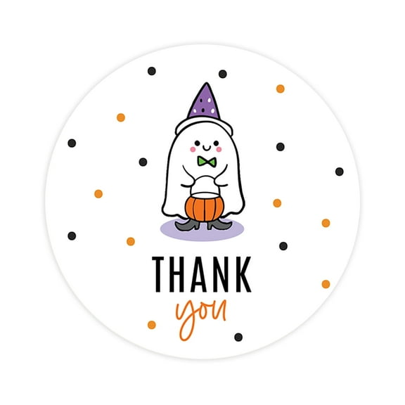 Koyal Wholesale Halloween Thank You Stickers 2 Inch Round 120 Bulk Pk Cute Ghost with Hat Labels For Halloween