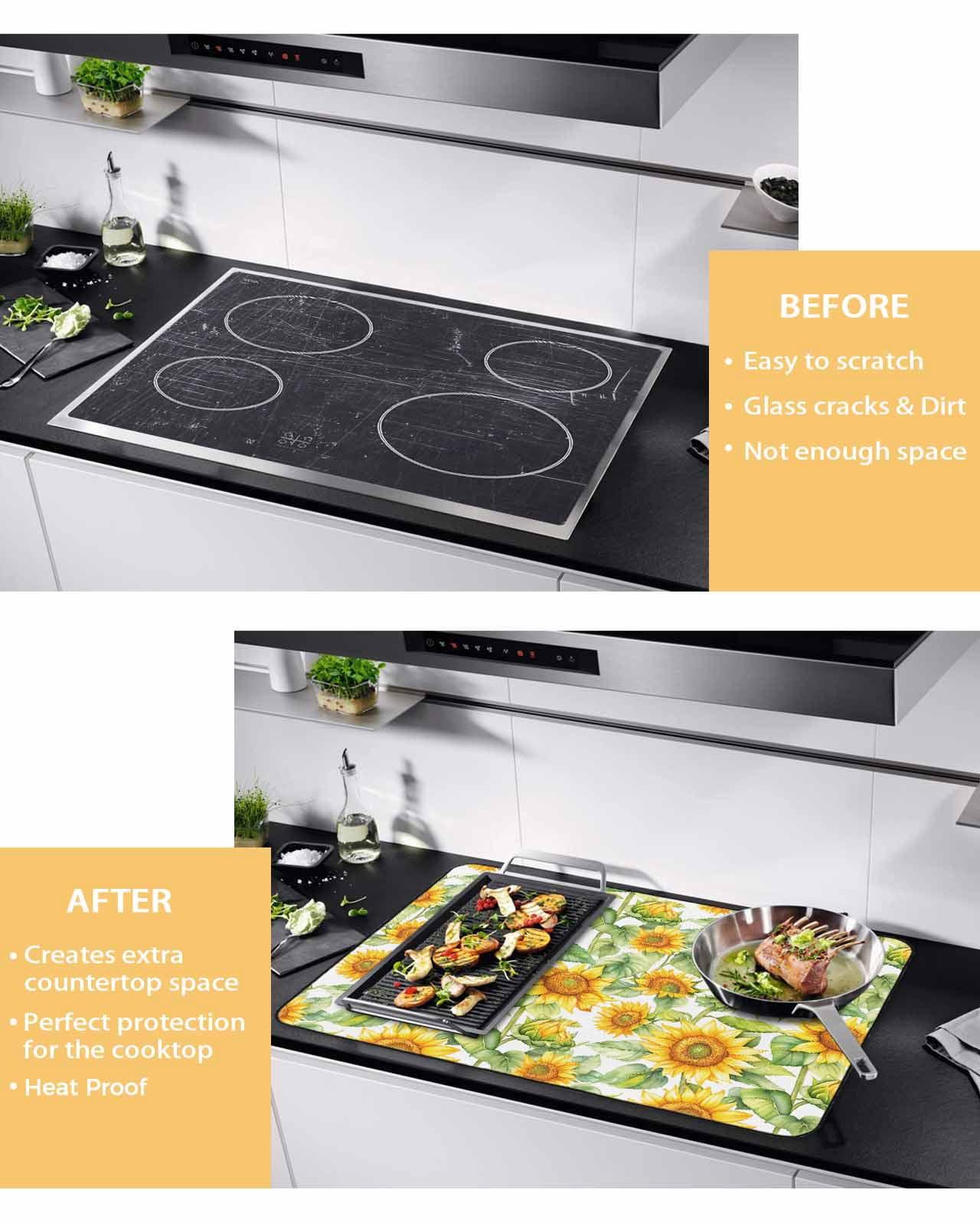 nqOlkjepod Large Induction Cooktop Protector Mat 24"x21", Sunflower Stove Top Covers for Electric Stove, Farmhouse Summer Botanical Watercolor Stove Burner Cover Mats, Glass Top Stove Cover