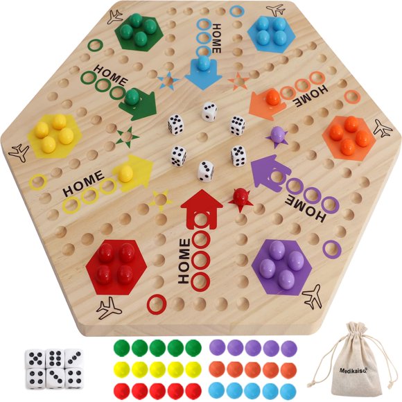Medikaison Large Size Original Marble Game Solid Wood 20 inch Wahoo Board Game Double Sided Painted Wooden Fast Track for 6 and 4 Players 6 Colors 24 Marbles 6 Dice for Family Friend