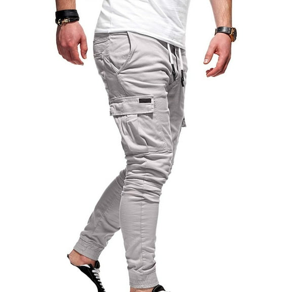 Busydd Mens Pants Solid Color Elastic Waist Cargo Pants Multi Pockets Drawstring Outdoor Jogging Hiking Pants Casual Regular Fit Straight Leg Sweatpants Plus Size Work Pants M-4XL