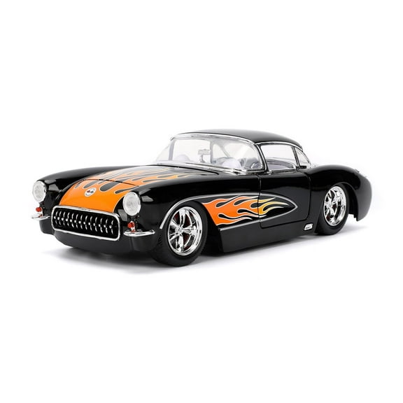 1957 Chevy Corvette Hardtop, Black w/Flames - Jada Toys 36300 - 1/24 Scale Diecast Model Car