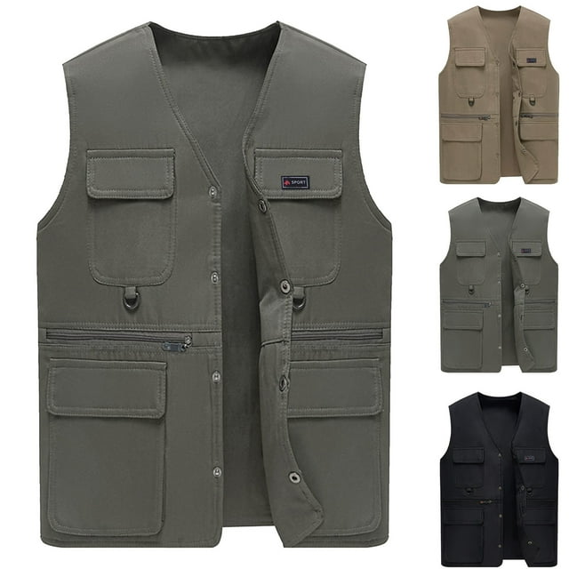 Leodye Été Homme Décontracté Mode Couleur Unie Sans Manches Col en V Gilet Veste Décontractée Multi-Poches Vert Armée 195