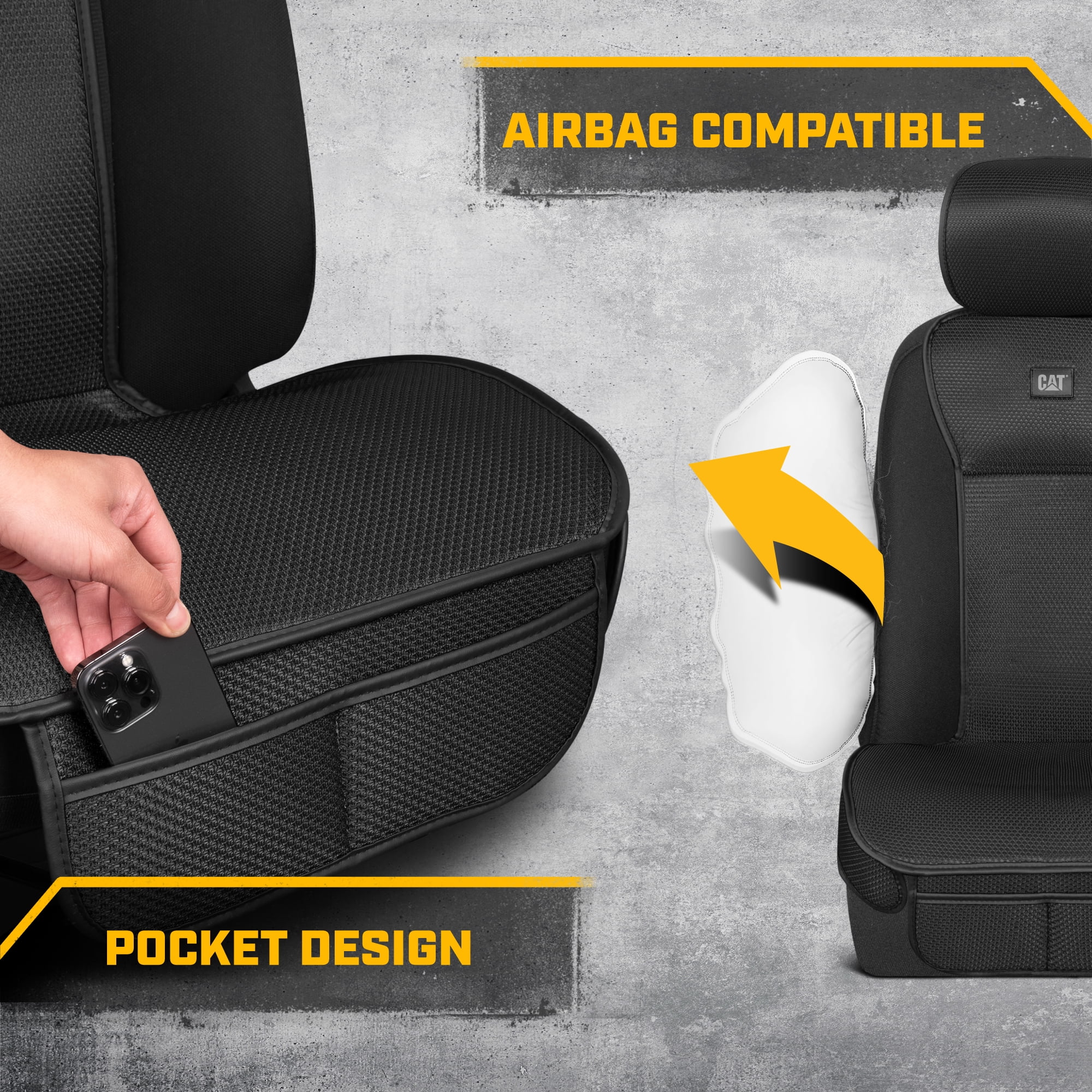 Caterpillar AeroMesh Black Seat Covers for Trucks, Car, & SUV - Front Truck Seat Cover Protector - Breathable Mesh Universal Fit Car Seat Covers - Automotive Seat Covers Top of Seat Protection