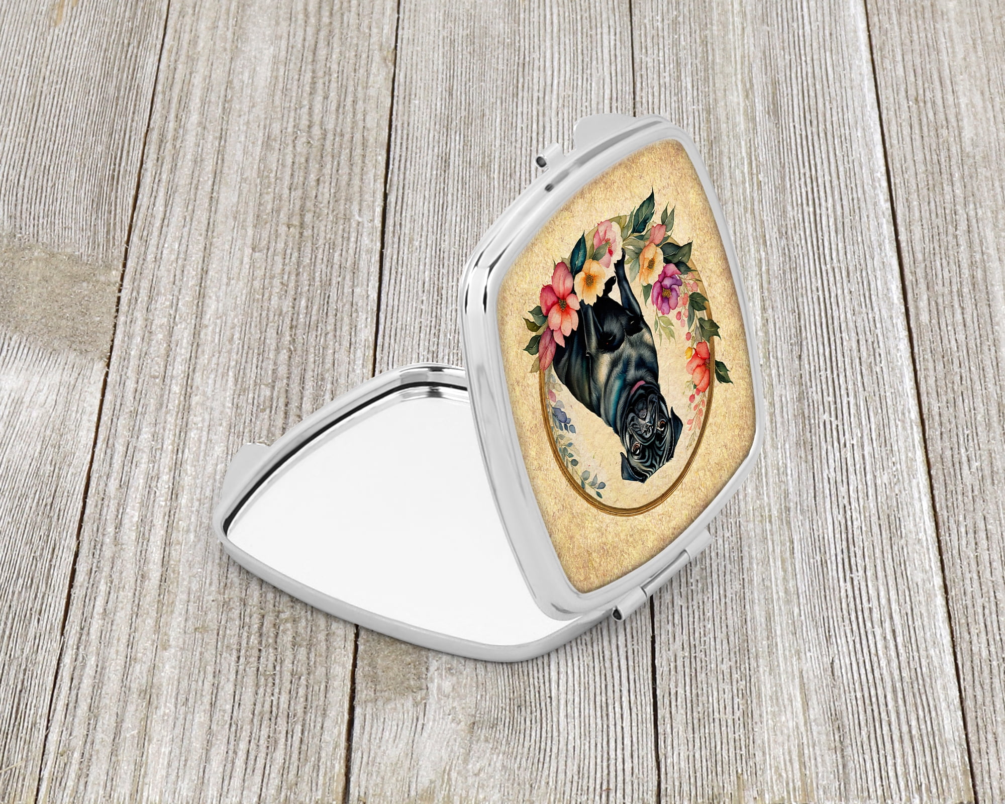 Black Pug and Flowers Compact Mirror 2.75 in x 3 in