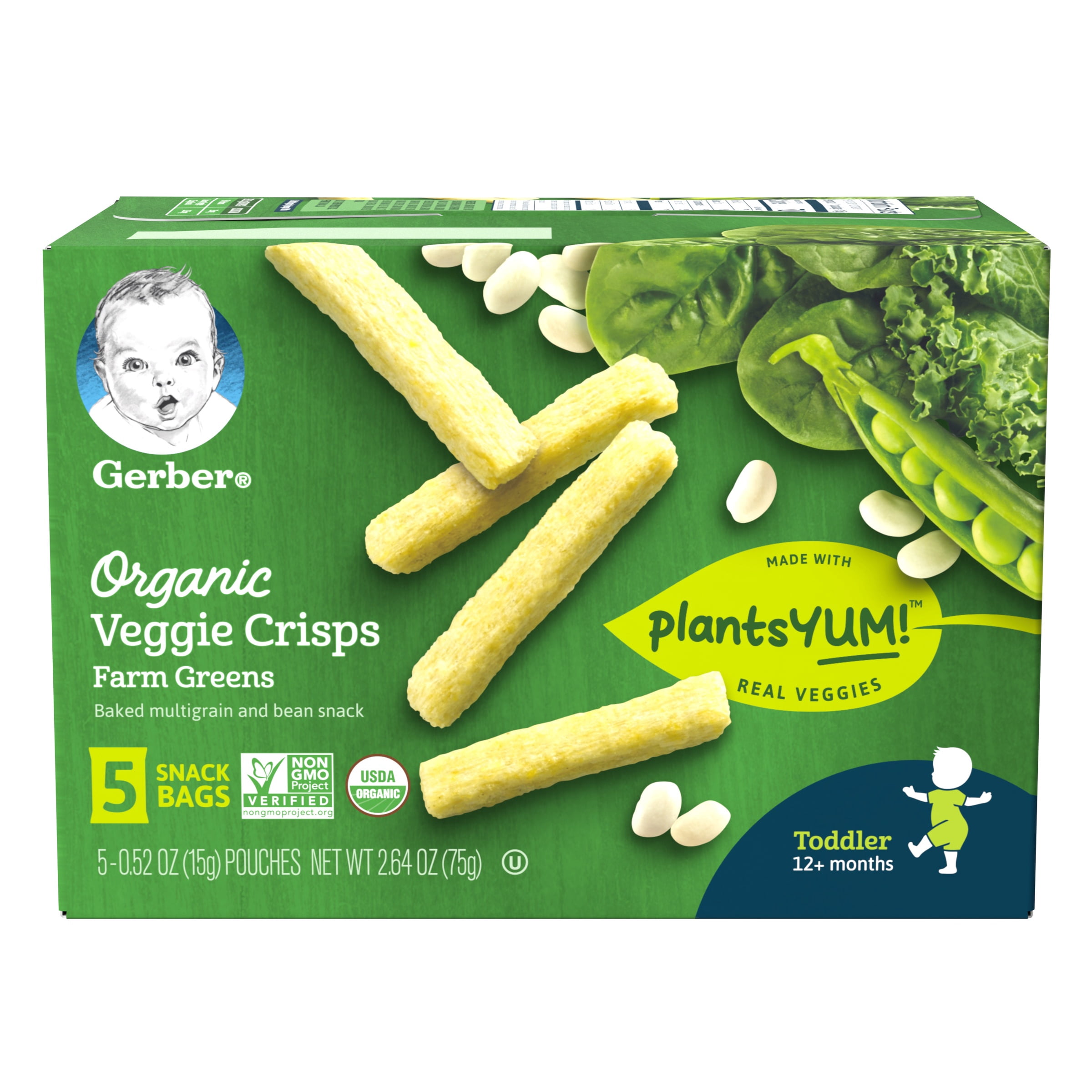 Gerber Organic Veggie Crisps, Farm Greens, 0.52 oz. Pouch, 5 Count