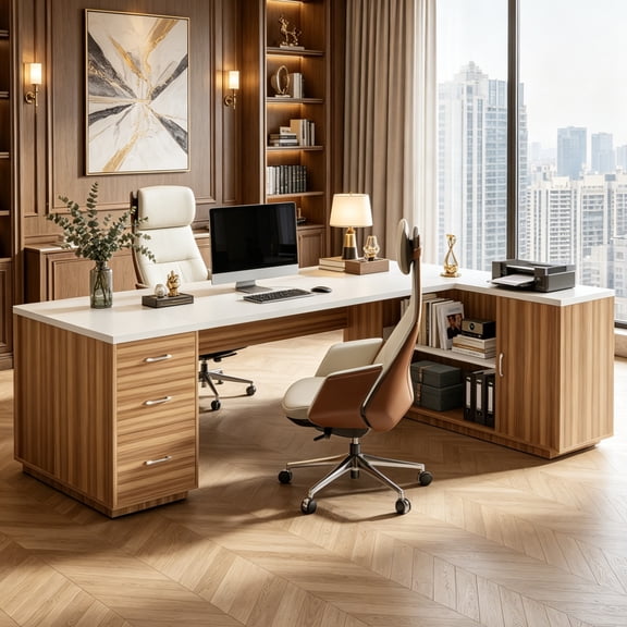 Fnova 85" L-Shaped Executive Desk with Storage Drawers, Modern Office Desk with Adjustable Shelves & File Cabinet, Extra Long Corner Computer Desk for Home Office