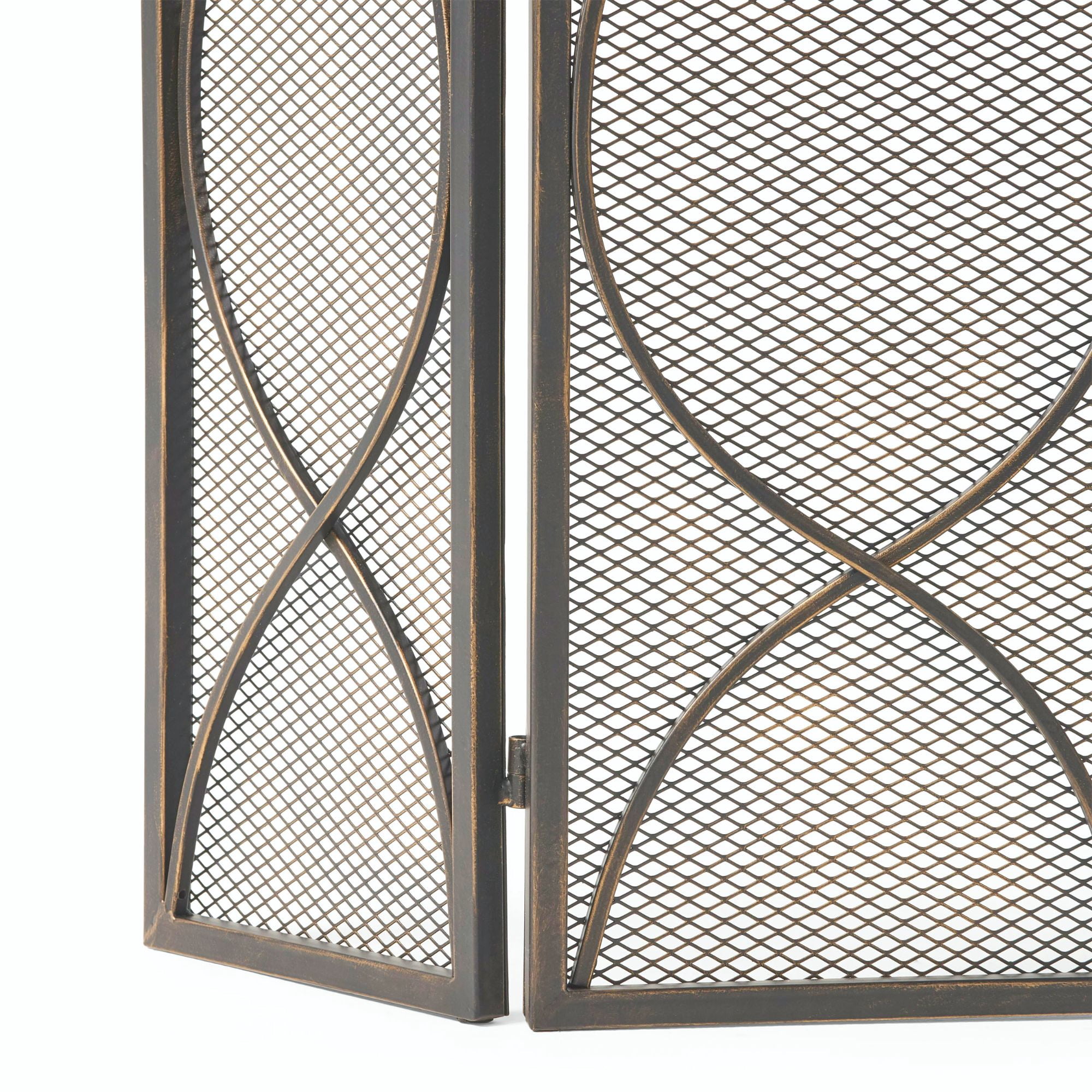 41" Black Contemporary Curved Geometric Accent Three Panel Fireplace Screen