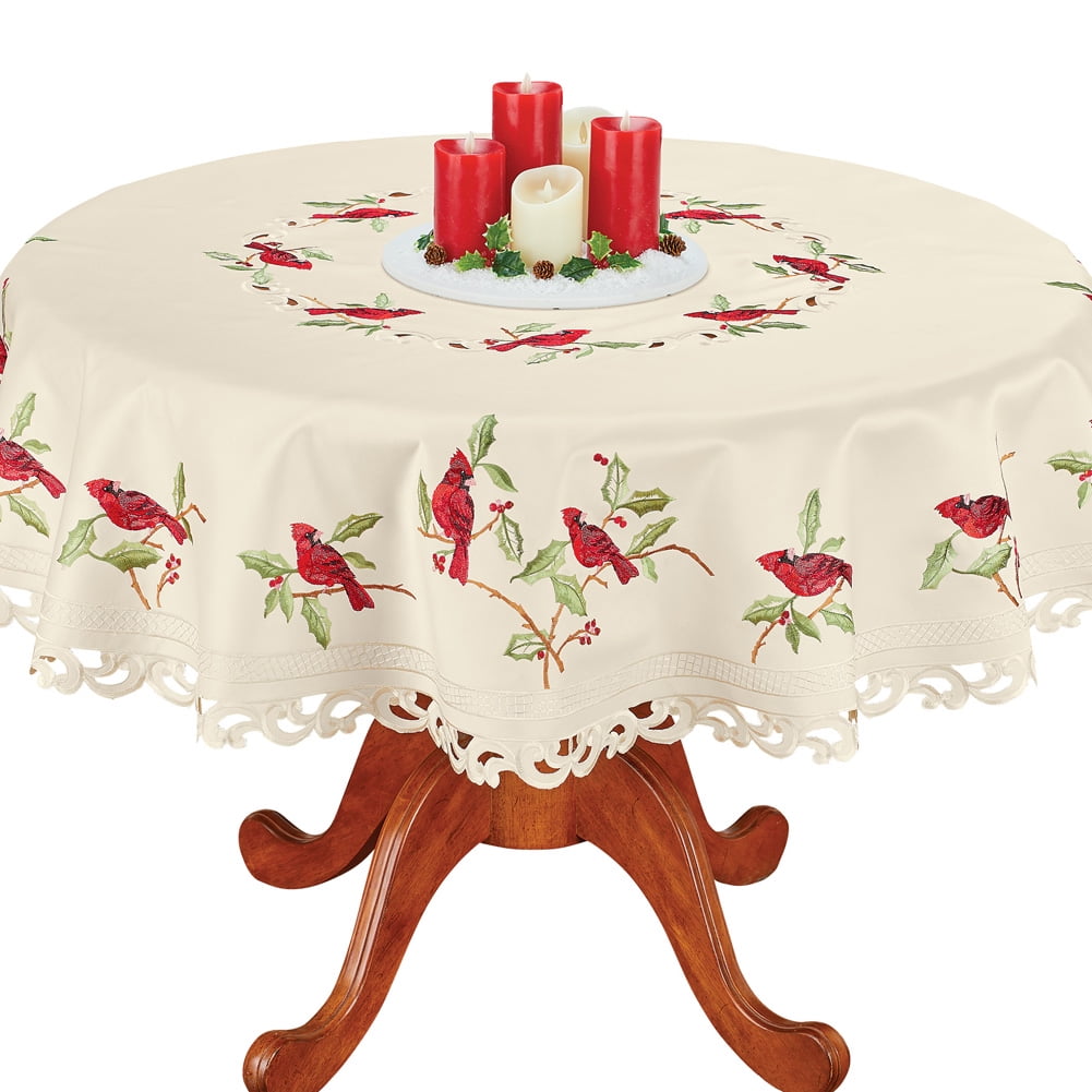 Cardinals Embroidered Ivory Tablecloth with Cream Background Holiday