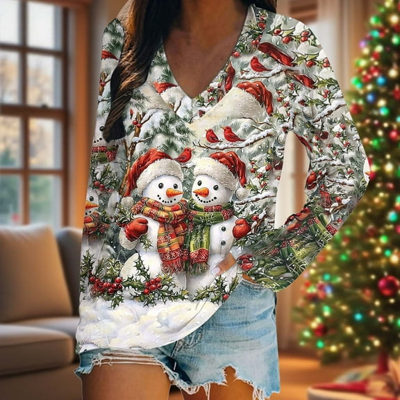 Christmas Shirts for Women Long Sleeve V Neck Pullover Holiday Blouses Party Ready Comfort Fit Seasonal Print Going Out Tops