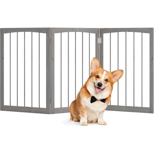 JJUN Freestanding Dog Gate for Small Medium Dogs, 63" W x 30" H Foldable 3-Panel Wooden Pet Gate, No Assembly Required, Indoor Safety Fence for Doorways, Stairs, Hallways, Bedrooms (Gray)
