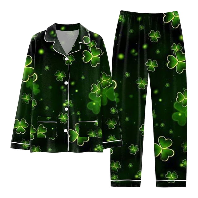 GDREDA Pyjamas Femmes Femmes Pyjamas Ensemble Assorti Pyjamas des Fêtes Ensemble de Pyjama Classique pour Femmes à Boutons en Satin Long avec Poches Ensembles de Pyjama pour Femmes Pyjamas Vert Armée,P