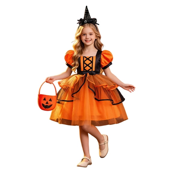 Mnyotv Girls Dress Bubble Sleeve Skirt Dresses with Pumpkin Buckets and Witch Hats Halloween Outfits for Girls Size 7-8Y