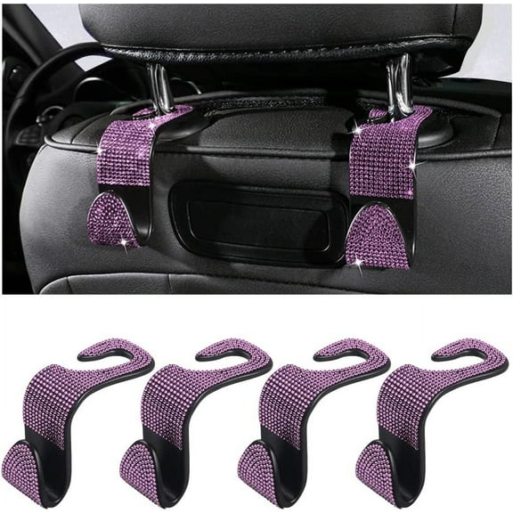 4 Pack Bling Car Hooks Purse Holder,Rhinestone Car Back Seat Headrest Hooks,Crystal Back Seat Hanger Storage Organizer,Car Decorations Car Hooks Interior Accessories (Pink)
