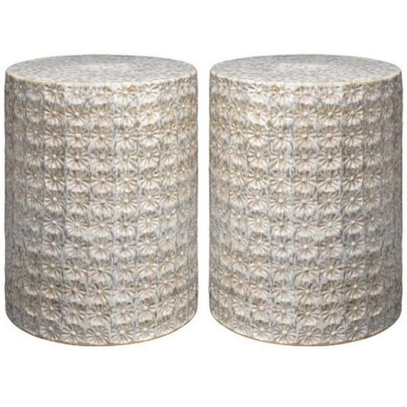 Home Square Wildflower Coastal Ceramic Side Table in Cream - Set of 2