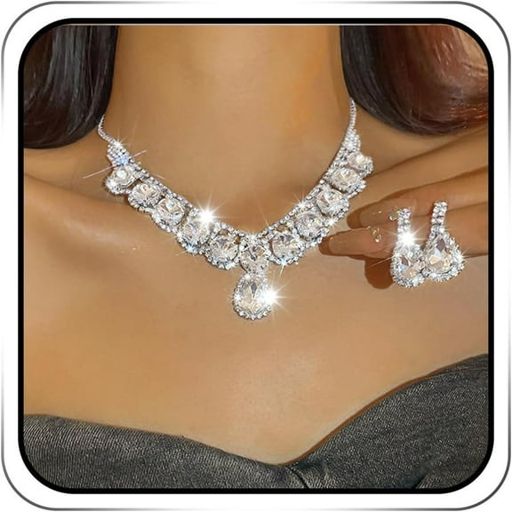 Rhinestone Bride Wedding Jewelry Set Silver Crystal Necklace Earring Sets Sparkly Party Prom Jewelry for Women