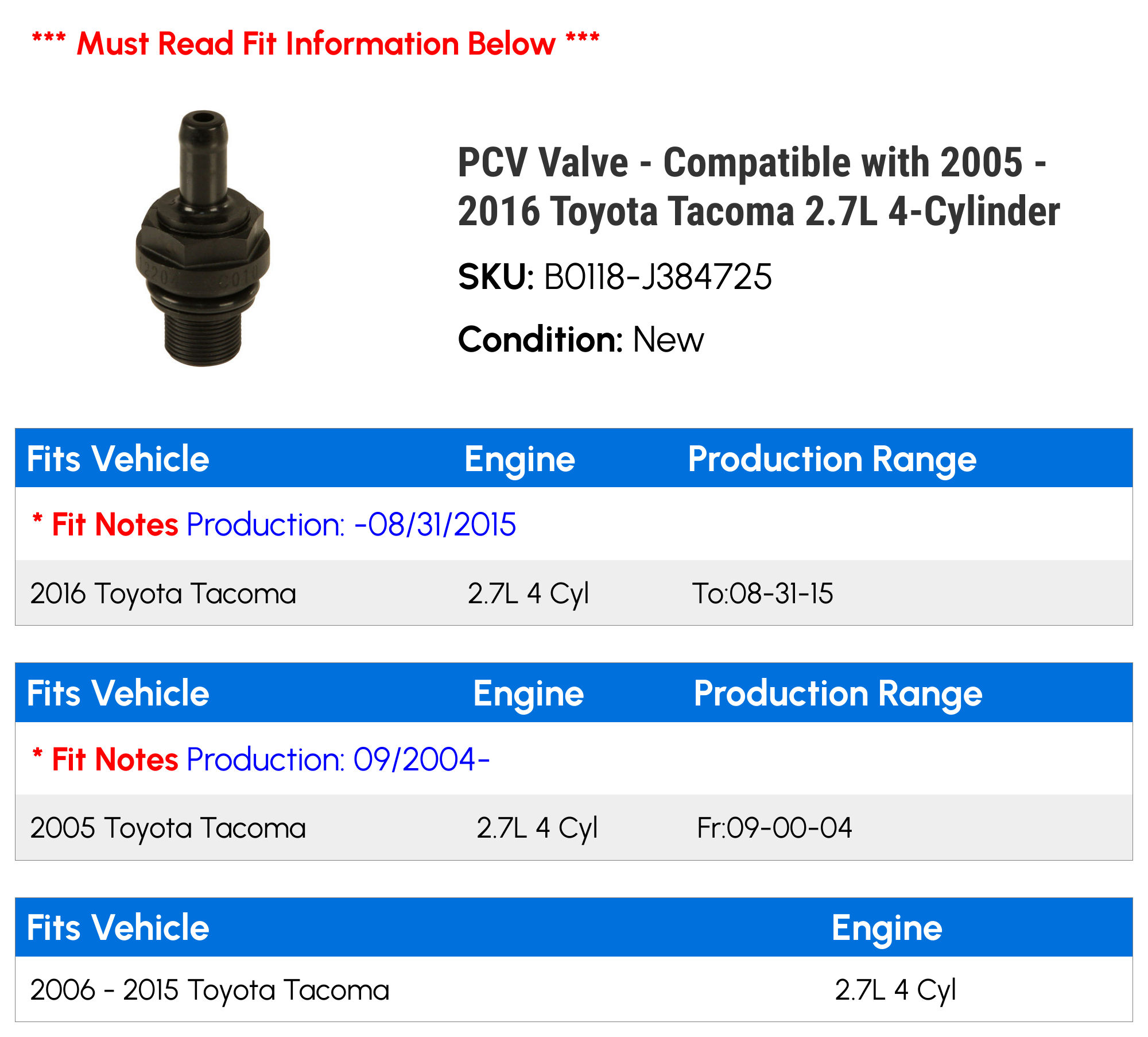 PCV Valve - Compatible with 2005 - 2016 Toyota Tacoma 2.7L 4-Cylinder 2006 2007 2008 2009 2010 2011 2012 2013 2014 2015