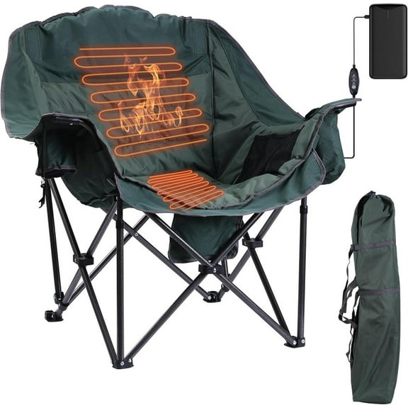 Heated Oversized Padded Camping Chair with Cooler Bag, Cup Holder & Side Pocket, Portable Folding Lawn Chair for Outdoor Adventures (1-Pack)