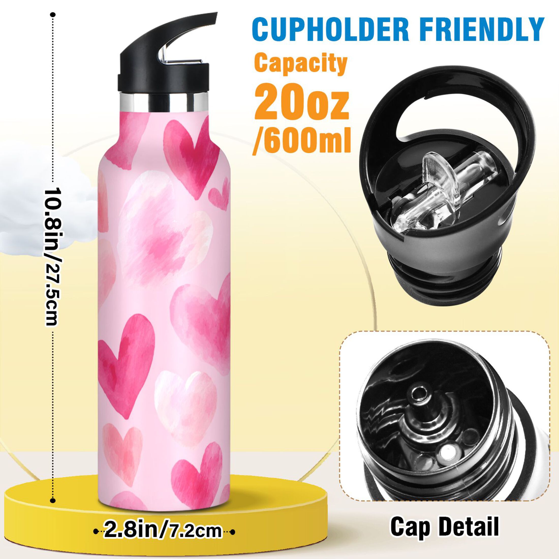 Kids Insulated Stainless Steel Sports Water Bottle 600ml (20oz) Hand-drawn Hearts