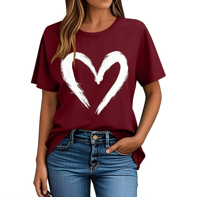Pisexur Hauts pour Femmes T-Shirt Graphique de la Saint-Valentin - Col Rond Manches Courtes Imprimé Vin,P