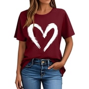 Summer Heart Tee Shirt Women Valentines Day Short Sleeve Graphic Tees Casual Cute Valentine Holiday Tops, 2XL Wine