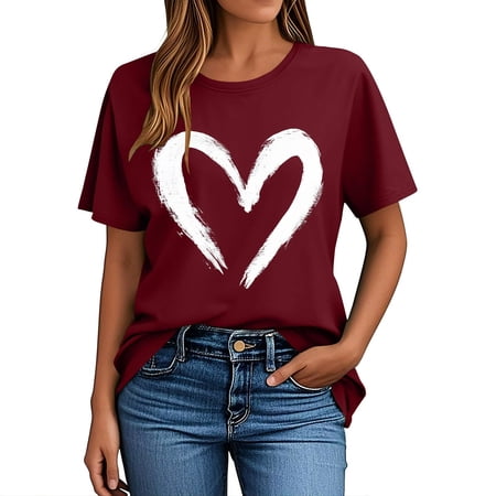 Summer Heart Tee Shirt Women Valentines Day Short Sleeve Graphic Tees Casual Cute Valentine Holiday Tops, 2XL Wine