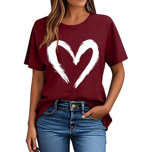 Pisexur Hauts pour Femmes T-Shirt Graphique de la Saint-Valentin - Col Rond Manches Courtes Imprimé Vin,P
