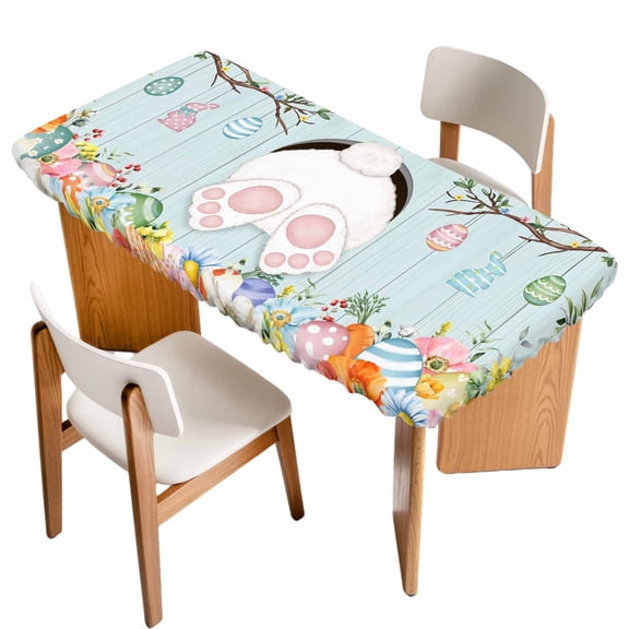 Easter Bunny Table Cloths for 4 Foot Rectangle Tables, Easter Eggs Spring Farmhouse Wood Grain Teal Blue Patio Waterproof Elastic Fitted Tablecloths, Washable Rectangular Table Cover for Camping