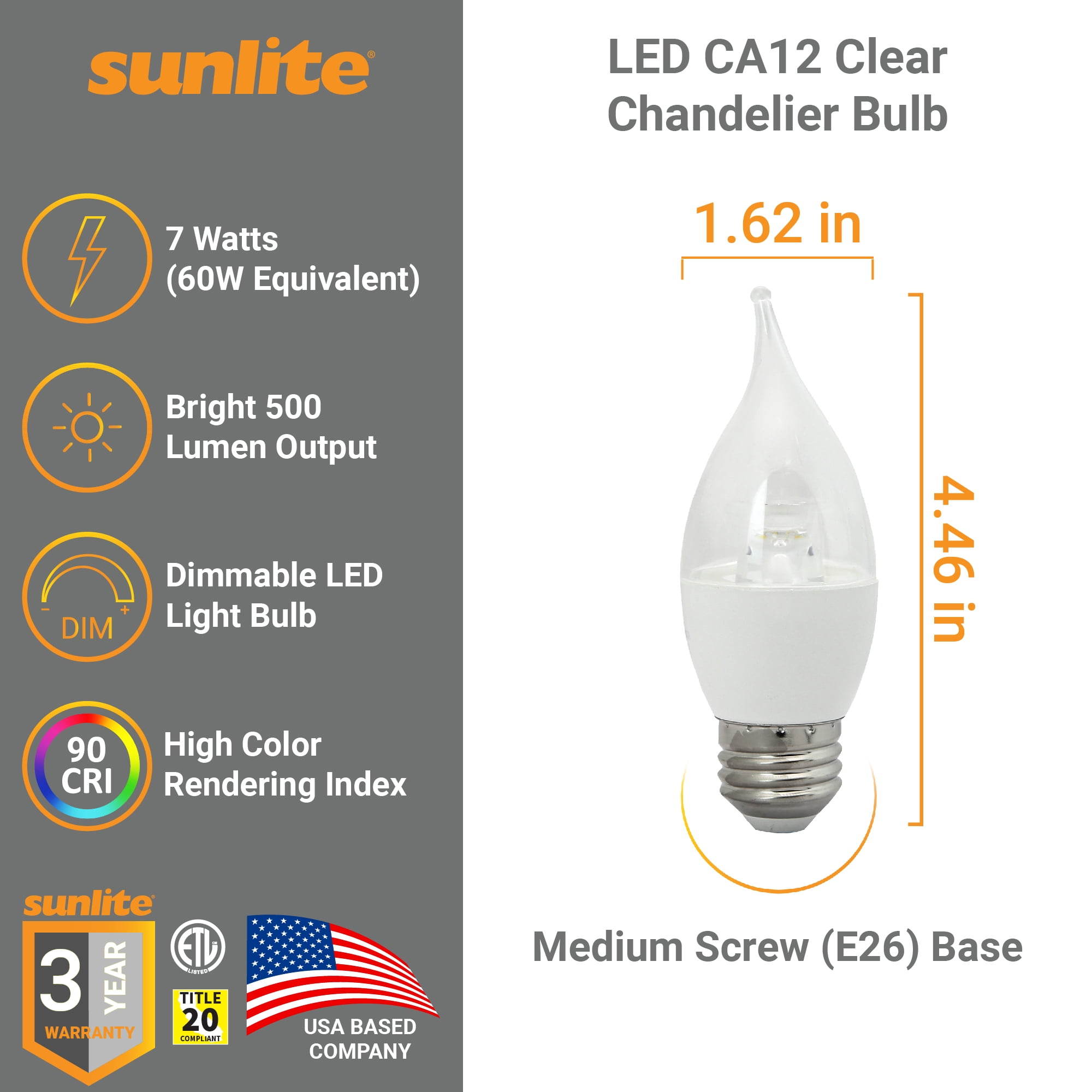 Sunlite LED CA12 Clear Chandelier Light Bulb, 7 Watts (60W Equivalent), 500 Lumens, Dimmable, Medium E26 Base, Title-20 Compliant, 90 CRI, ETL Listed, 2700K Soft White, 6 Pack