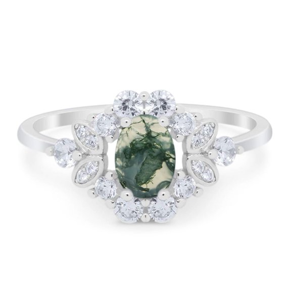 Natural Green Moss Agate Size-5 Art Deco Oval Flower Ring Vintage Style Floral Cluster CZ Wedding Engagement Rings For Women 925 Sterling Silver